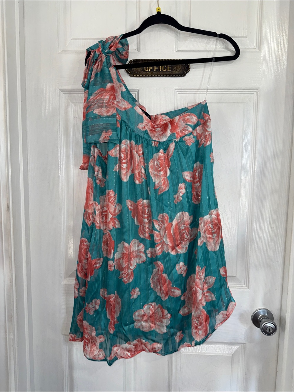 One-Shoulder Teal Floral Dress with Coral Roses